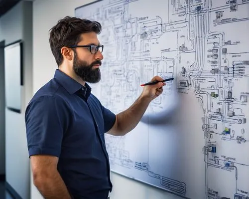 Network engineer, male, 35yo, formal wear, glasses, short hair, beard, standing, in front of a large whiteboard, markers in hand, explaining complex network design, blueprints, diagrams, routers, swit