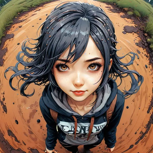 hinata,fish eye,clementine,female doll,artist doll,anime 3d,painter doll,anime cartoon,portrait background,girl portrait,fisheye lens,anime girl,chibi girl,game illustration,heterochromia,vanessa (butterfly),cute cartoon character,piko,worried girl,doll's facial features,Illustration,Black and White,Black and White 34