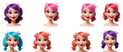 cute cartoon face, various emotions, smiling eyes, rosy cheeks, colorful hair bows, ponytails, blushing, playful gestures, hands holding props, vibrant skin tones, glossy lips, dynamic facial expressi