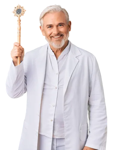 Golden halo, gentle smile, kind eyes, soft white hair, elegant beard, pure white robes, intricate embroidery, delicate hands, holding staff, standing, serene, peaceful atmosphere, warm lighting, subtl