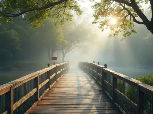 wooden bridge,morning mist,hanging bridge,walkway,scenic bridge,boardwalks,footbridge,morning fog,wooden pier,towpath,boardwalk,pathway,wooden path,teak bridge,morning light,foggy landscape,adventure bridge,metroparks,morning haze,mists,Photography,General,Realistic