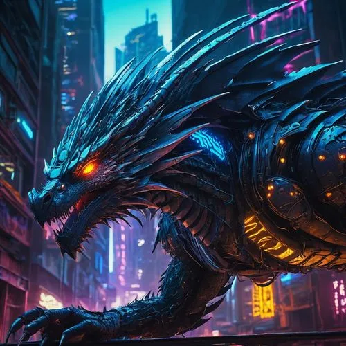 Cyberpunk, dragon, futuristic cityscape, neon lights reflecting off metallic scales, glowing blue circuits, wires embedded in skin, mechanical wings, smoke emitting from nostrils, graffiti-covered wal