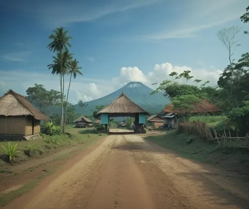 picture of rural atmosphere in indonesia in the past. a dirt road leading to a border post gate building. The road is flanked by plants and the huts have thatched roofs, indicating a tropical or subtr