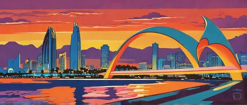 travel poster,khartoum,calatrava,santiago calatrava,rainbow bridge,cool woodblock images,basotho,art deco,year of construction 1954 – 1962,anzac bridge,cable-stayed bridge,metropolis,year of construction 1972-1980,bridges,highveld,rotterdam,nairobi,south africa,cool pop art,vintage art,Illustration,Retro,Retro 12