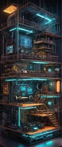 Yolov8 architecture diagram, detailed illustration, futuristic blueprint, neon lights, circuit boards, microchips, wires, robotic arms, 3D models, intricate structures, metallic materials, holographic