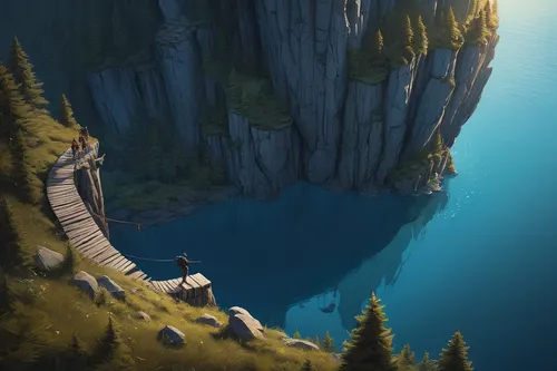 cliffs,alpine crossing,steep,trolltunga,ravine,overlook,canyon,tower fall,cliff jumping,take-off of a cliff,chasm,hiking path,mountainside,cliff,the descent to the lake,goat mountain,base jumping,high landscape,limestone cliff,the cliffs,Illustration,Realistic Fantasy,Realistic Fantasy 28