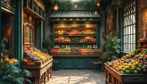 flower booth,flower shop,greengrocer,village shop,kitchen shop,pantry,fruit stand,grocers,florist,merchant,grocer,homegrocer,grocery,greengrocers,fruit market,cornucopia,flower stand,apothecary,crate of fruit,grocery store,Photography,General,Realistic