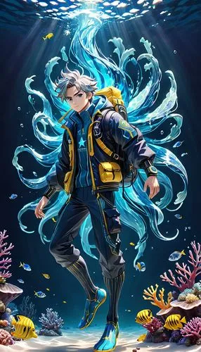 aquanaut,scuba,underwater background,god of the sea,coral guardian,sea god,under sea,under the sea,under the water,marine biology,aquatic,coral reef,sea man,merman,fish-surgeon,undersea,aquarium,aqua,sea-life,ocean floor,Anime,Anime,General