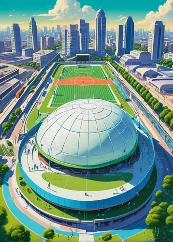 Modern architectural sports complex, daytime, sunny, blue sky, white puffy clouds, large glass dome, sleek steel structure, curved lines, vibrant green grass, athletic tracks, soccer field, basketball