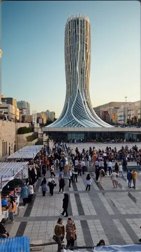 A stunning parametric modern tower  inspired by flying and wings, featuring a facade of white stone and composite materials, accented by reflective gray windows. The tower's design is inspired by intr