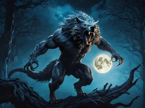 Fenrir Greyback, werewolf form, muscular male, powerful build, sharp claws, furry grey and black body, glowing yellow eyes, fierce snout, standing on hind legs, full moon, night sky, misty forest, anc