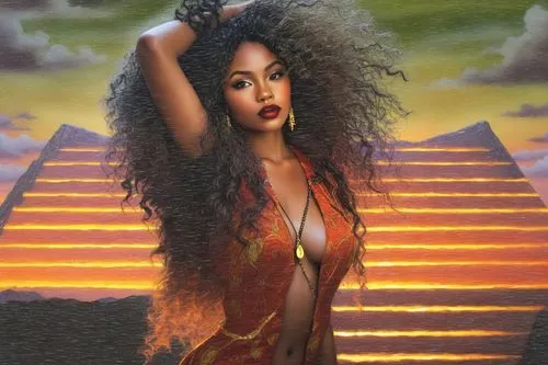 Beautiful nigerian girl, full dark curly hair, big dark almond eyes, full red lips, misty sky,an artistic painting with a woman posing in the sun,asherah,nubian,afrofuturism,knowles,kelefa,african ame