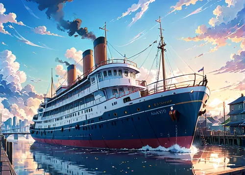 ocean liner,royal yacht,sea fantasy,troopship,star line art,ship,cruiser aurora,the ship,caravel,ship of the line,queen mary 2,victory ship,passenger ship,reefer ship,old ship,docked,royal mail ship,factory ship,ship travel,titanic,Anime,Anime,Realistic