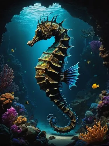 Underwater, dark abyssal zone, eerie bioluminescent lighting, a massive seahorse with glowing blue stripes, majestic fins, menacing gaze, surrounded by twisted coral reefs, schools of small anglerfish