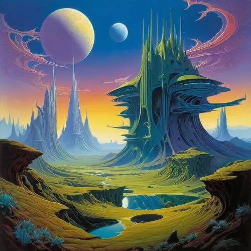 Surreal futuristic sci-fi landscape in the style of William Roger Dean, YES album cover,an alien city by itself with bright blue buildings,alien planet,alien world,futuristic landscape,lunar landscape