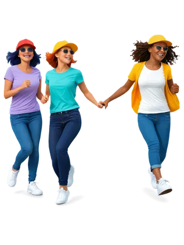 Cartoon style, colorful, various poses, smiling faces, bright eyes, diverse hair colors, casual clothes, t-shirts, jeans, sneakers, accessories like hats, sunglasses, bags, group of friends, solo figu