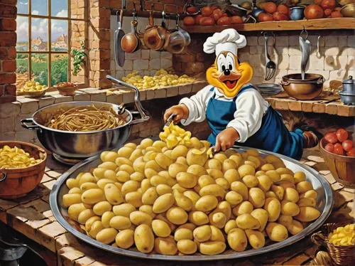 In a busy kitchen, the peeler danced across the potatoes as the chef prepared a hearty meal for the hungry customers.,persian norooz,cornucopia,cholent,marzipan potatoes,knödel,banitsa,sicilian cuisin