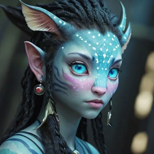 Female creature very brave and confident, big beautiful eyes, avatar movie,violet head elf,avatar,blue enchantress,dark elf,fantasy portrait,male elf,ori-pei,jaya,elven,elf,mara,fantasia,kadala,cosmet