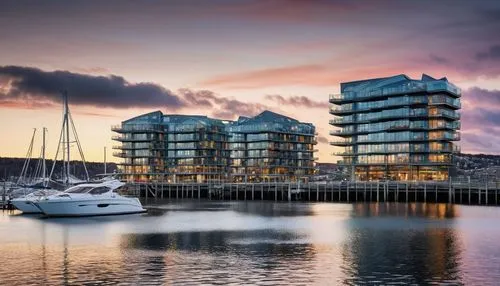 Halifax, Nova Scotia, Canada, architectural design, modern building, glass facade, steel structure, angular lines, urban landscape, cityscape, waterfront, pier, harbour, sailboats, seagulls, cloudy sk