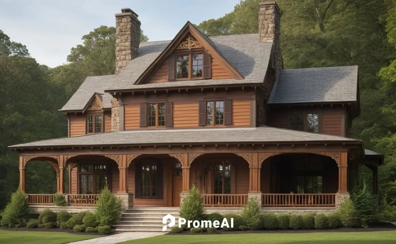 a two story log house with porch and fireplace,victorian house,new england style house,old victorian,country house,two story house,wooden house,Photography,General,Cinematic