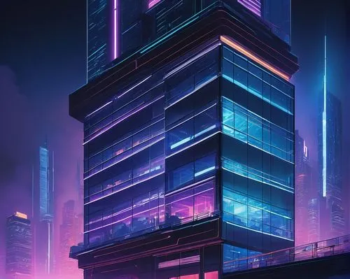 Set back, futuristic architecture, sleek skyscraper, metallic materials, glass windows, neon lights, urban cityscape, night scene, atmospheric fog, misty ambiance, detailed textures, reflective surfac