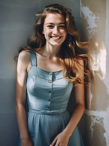 a smiling woman with long hair and freckles standing in front of a wall,a beautiful young lady smiling while posing,margairaz,petka,kiernan,benoist,sonrisa,shailene,Photography,Black and white photogr