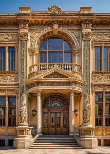 Grand, luxurious, Neo-Classical building, symmetrical facade, Corinthian columns, ornate stone carvings, grand entrance, sweeping staircase, high ceilings, large windows, rectangular shape, balanced c