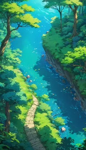 studio ghibli,ghibli,cartoon video game background,forest path,a river,ponyo,Illustration,Japanese style,Japanese Style 03