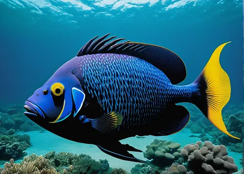 Describe a thrilling encounter between a scuba diver and a playful Napoleon fish in the open sea.,lemon surgeonfish,imperator angelfish,pallet surgeonfish,coral reef fish,blue stripe fish,triggerfish,