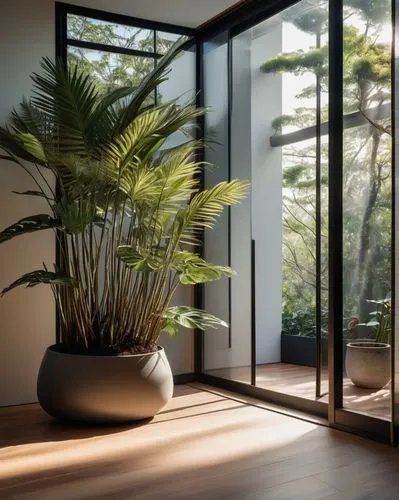 Riken Yamamoto architectural style, modern Japanese building, sleek lines, minimalist design, white walls, large windows, sliding glass doors, open-plan interior, wooden flooring, low seating, potted 