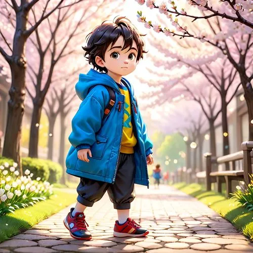 cute cartoon character,hiro,cute cartoon image,walking in a spring,eiji,akira,Anime,Anime,Cartoon