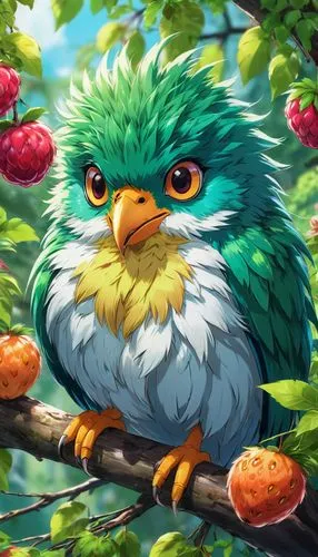 caique,pombo,strawberries falcon,apfel,owl background,kookaburra,Illustration,Japanese style,Japanese Style 03