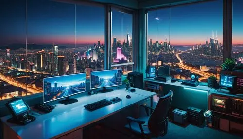 a room with a desk and a computer on it with a city view in the background at night time, Beeple, computer art, cyberpunk style, cyberpunk art,a desk with a few laptops next to it,cybercity,computer r