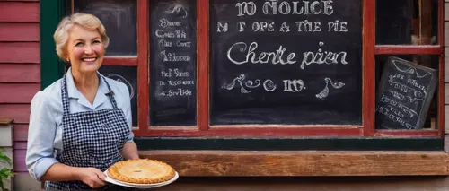 cozy pie house, delicious pies on display, warm interior, wooden furniture, checkered tablecloths, waitress in apron, smiling, holding a pie, vintage decor, pastel colors, soft ambient lighting, large