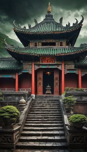 Northeastern Chinese style, traditional, ancient, majestic, grandiose, ornate, multi-eaved, upturned roof, green glazed tiles, intricate carvings, wooden doors, lanterns, couplets, auspicious clouds, 