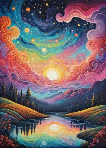 dreamscape,dream art,salt meadow landscape,art painting,oil painting on canvas,northen lights,dreamscapes,dreamtime,dreamland,lucidity,landscape background,goodsell,cosmos field,high landscape,colorful stars,starry night,colorful star scatters,vibrancy,horizons,wonderlands,Illustration,Japanese style,Japanese Style 11