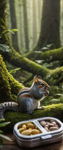 Imagine a magical forest where animals eat sour Altoids and gain the ability to talk and sing songs.,hungry chipmunk,eastern chipmunk,small animal food,almond meal,breakfast buffet,digital compositing