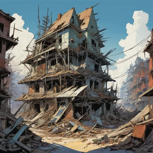 destroyed city,gunkanjima,rubble,slum,post-apocalyptic landscape,slums,ruins,lost place,ruin,hashima,building rubble,lostplace,ship wreck,demolition work,scrapyard,destroyed houses,wreckage,abandoned,post apocalyptic,dilapidated,Conceptual Art,Fantasy,Fantasy 08