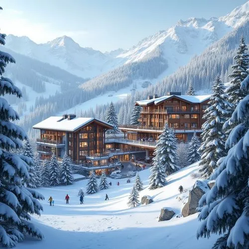 Snow-capped mountains, frosty pine trees, ski lifts, cable cars, snowmaking machines, mountainous terrain, rocky cliffs, frozen lakes, icy waterfalls, wooden chalets, modern ski center architecture, l