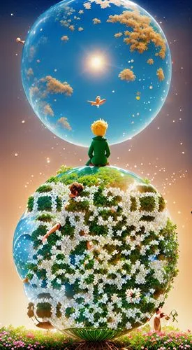 the little prince gardering, saint exupery inspired,mushroom landscape,mushroom island,cloud mushroom,terraformed,tree mushroom,terraforming,terraformer,floating island,microworlds,little planet,plane