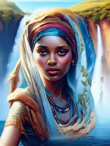 a painting of a woman in head dress next to waterfall,ancient egyptian girl,nubian,inanna,afar tribe,african woman,oshun,Illustration,Realistic Fantasy,Realistic Fantasy 15