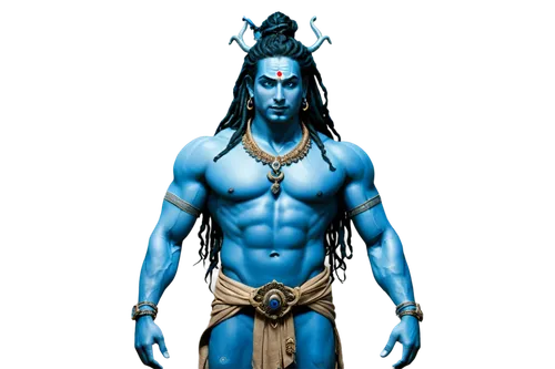 Hindu god Shiva, powerful male figure, blue skin, serpent around neck, third eye on forehead, dreadlocks hair, sacred thread across chest, adorned with jewelry, muscular physique, standing in heroic p