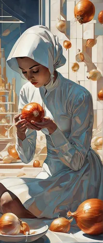 Write a melancholic short story about a person who finds solace in peeling onions after a great loss.,girl with bread-and-butter,bakery,girl in the kitchen,woman holding pie,confectioner,pâtisserie,su