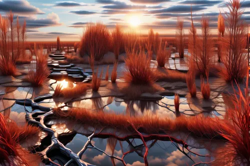 tidal marsh,swampy landscape,freshwater marsh,salt marsh,wetlands,virtual landscape,wetland,marsh,waterscape,cattails,sundew,reeds,water scape,fantasy landscape,swamp,lava river,ice landscape,arid landscape,salt pan,landscape red