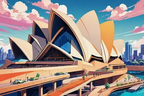 Modern Australian architecture, futuristic landscape, 1925-1975 era, Sydney Opera House inspiration, sleek lines, curved shapes, bold structures, brutalist elements, concrete, steel, glass materials, 