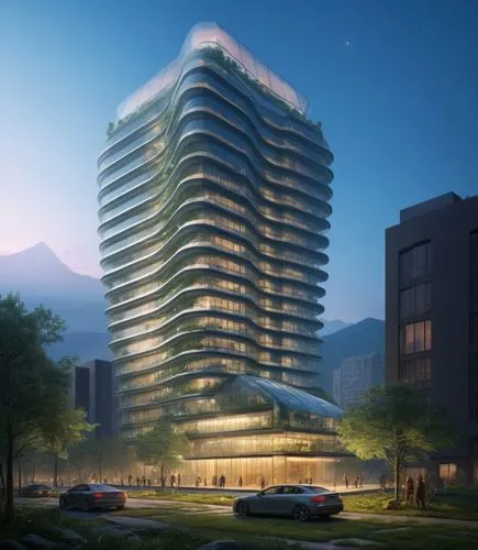 a huge tower with a very large roof,residential tower,bjarke,vinoly,escala,gronkjaer,zorlu,Illustration,Realistic Fantasy,Realistic Fantasy 04