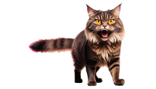 angry cat, fierce facial expression, sharp teeth, glowing eyes, fluffy fur, standing on hind legs, arched back, loud meowing, dynamic pose, cartoonish style, vibrant colors, high contrast lighting, sh