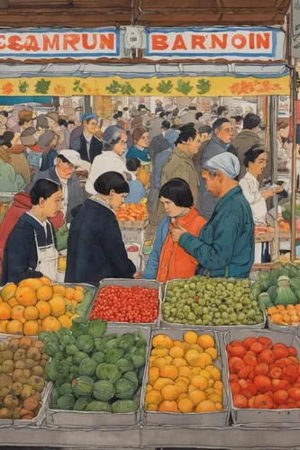 fruit market,greengrocer,fruit stand,market,farmer's market,the market,fruit stands,large market,farmers market,david bates,namdaemun market,vegetable market,grocer,market vegetables,vendors,vintage farmer's market sign,market stall,persimmons,market introduction,vintage art,Illustration,American Style,American Style 15