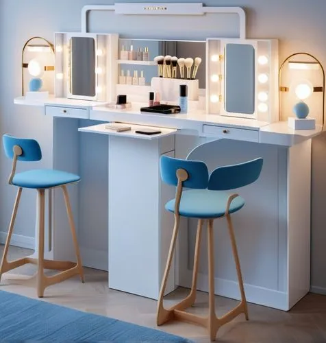 Skincare pop-up makeup table design, minimal design, main color is white, sub color is blue, netro,bar stools,barstools,kitchenette,dressing table,under-cabinet lighting,beauty room,danish furniture,k