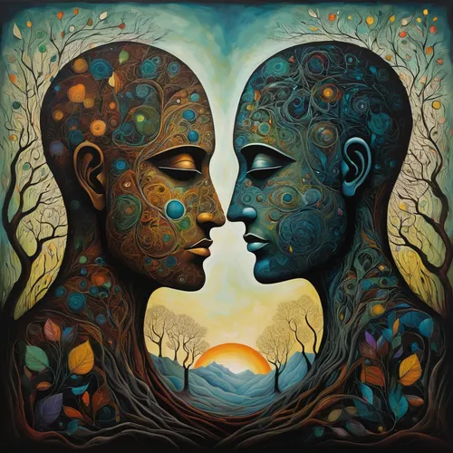 amorous,two people,global oneness,harmonious,all forms of love,man and woman,adam and eve,connectedness,mother kiss,couple in love,whispering,dualism,intimacy,lovers,the luv path,couple - relationship,courtship,polarity,loving couple sunrise,psychedelic art,Illustration,Abstract Fantasy,Abstract Fantasy 19